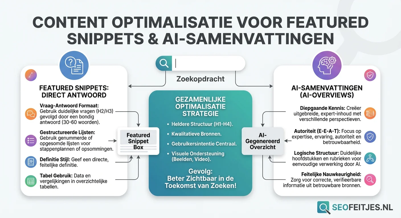 Infographic over: Content optimalisatie voor featured snippets en AI-gegenereerde samenvattingen