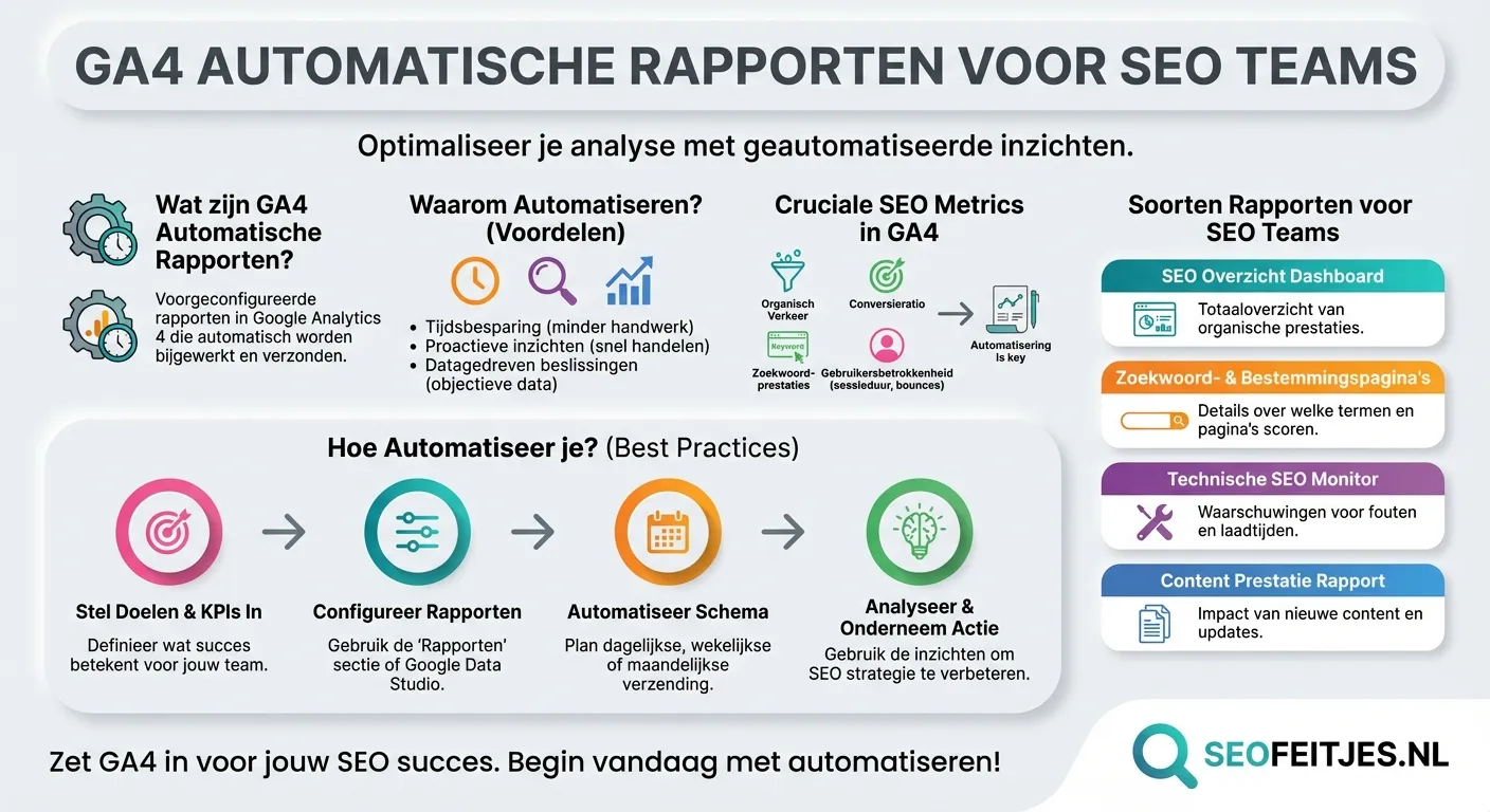 Infographic over: GA4 automatische rapporten voor SEO teams