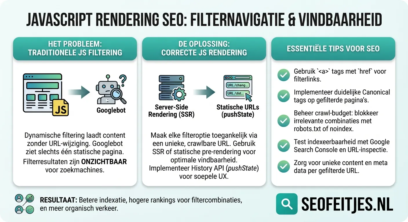 Infographic over: JavaScript rendering SEO voor filternavigatie