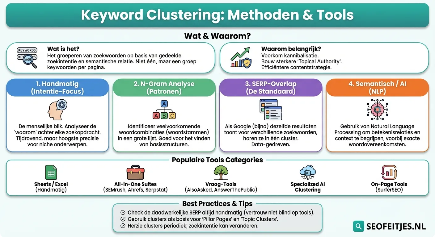 Infographic over: Keyword clustering methoden en tools