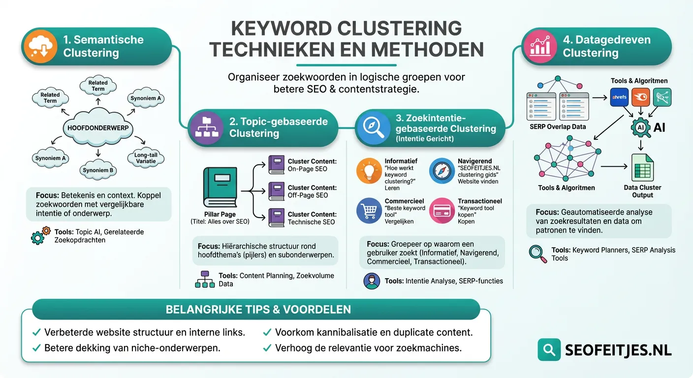Infographic over: Keyword clustering technieken en methoden