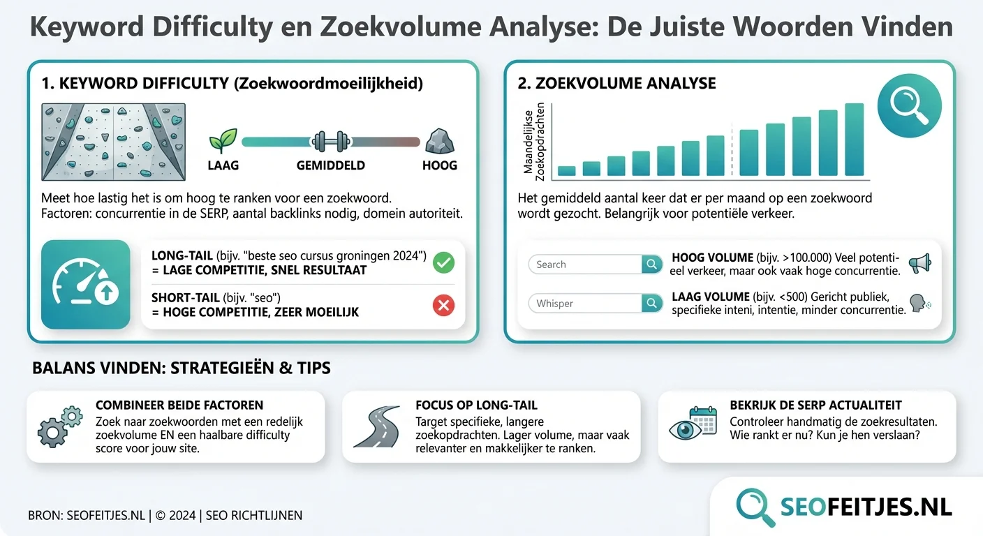 Infographic over: Keyword difficulty en zoekvolume analyse