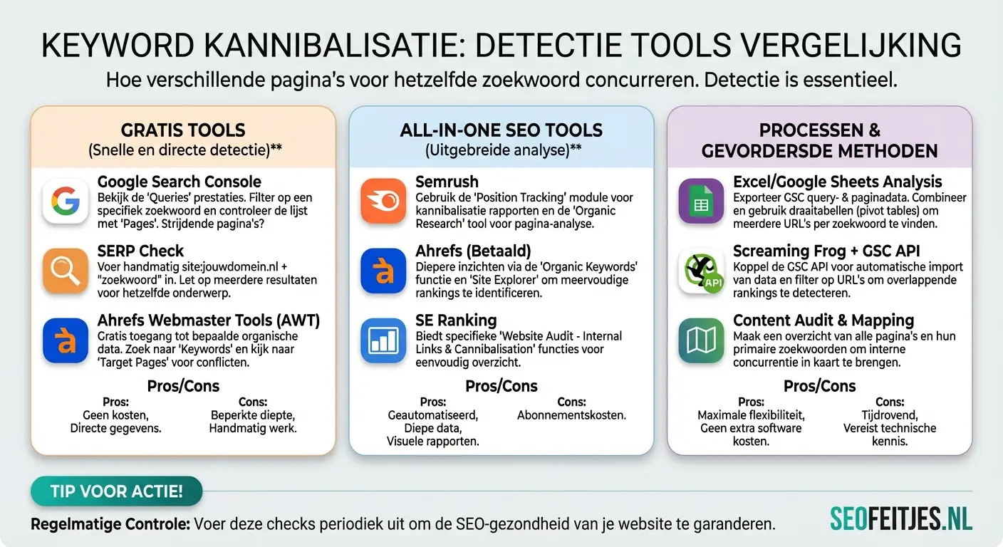 Infographic over: Keyword kannibalisatie detectie tools vergelijking