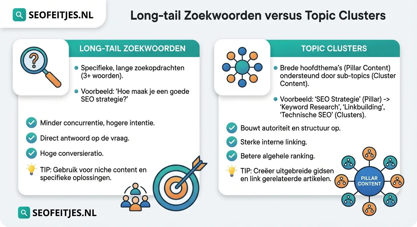 Infographic over: Long-tail zoekwoorden versus topic clusters