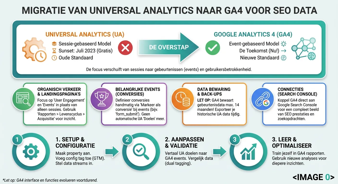 Infographic over: Migratie van Universal Analytics naar GA4 voor SEO data