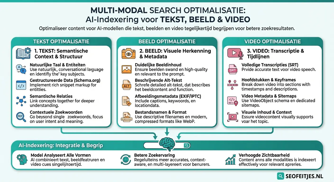 Infographic over: Multi-modal search optimalisatie: tekst, beeld en video voor AI-indexering