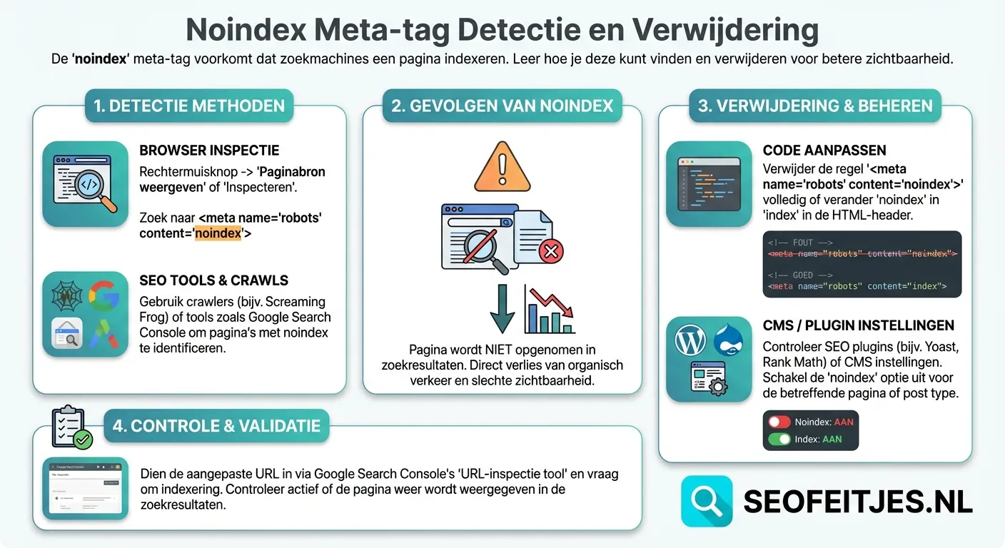 Infographic over: Noindex meta-tag detectie en verwijdering