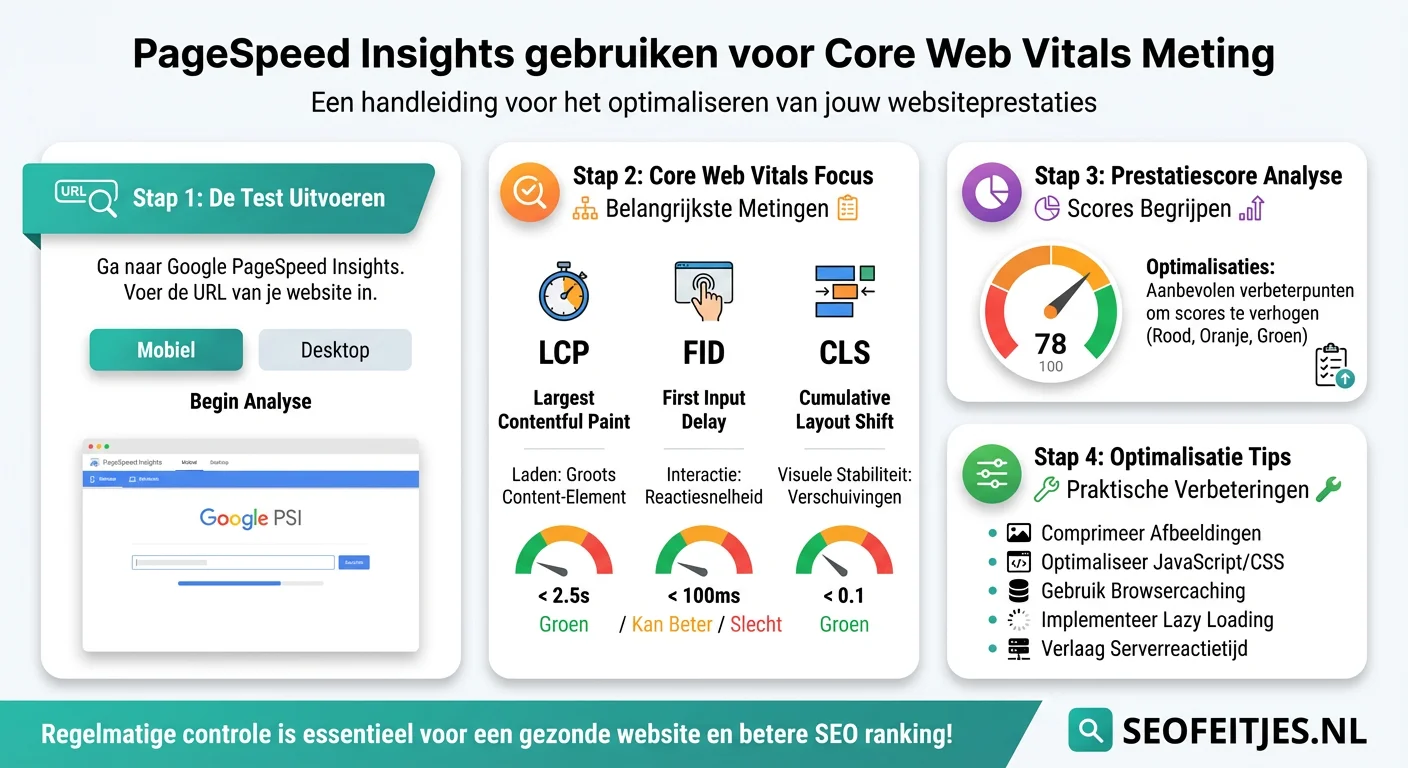 Infographic over: PageSpeed Insights gebruiken voor Core Web Vitals meting