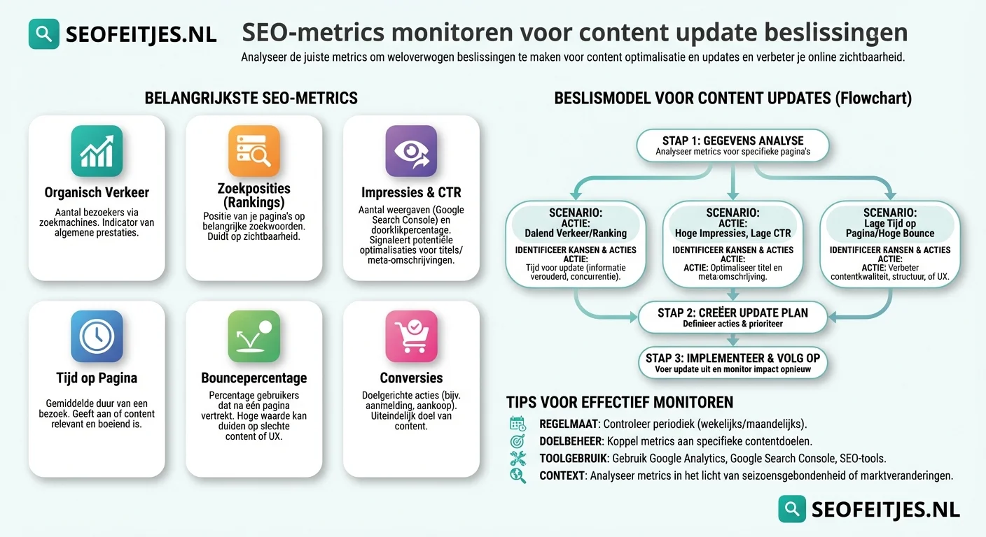 Infographic over: SEO-metrics monitoren voor content update beslissingen