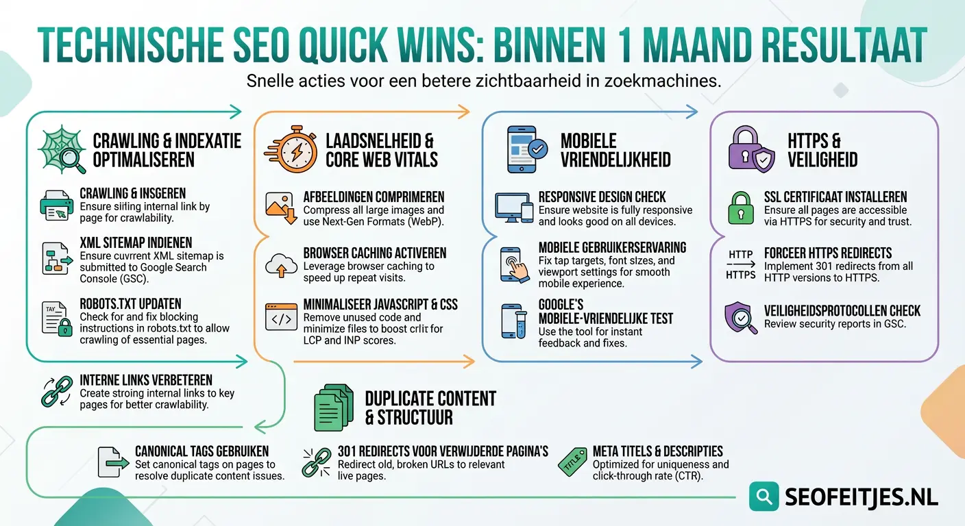 Infographic over: Technische SEO quick wins die binnen 1 maand resultaat geven